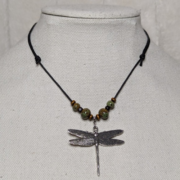 Dragonfly Pendant Green Ceramic beaded Boho Hippie Adjustable Choker Nec… - Picture 3 of 3